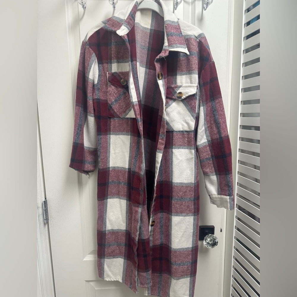 Women’s Long Plaid Burgundy Flannel Shacket Jacket Coat SZ M